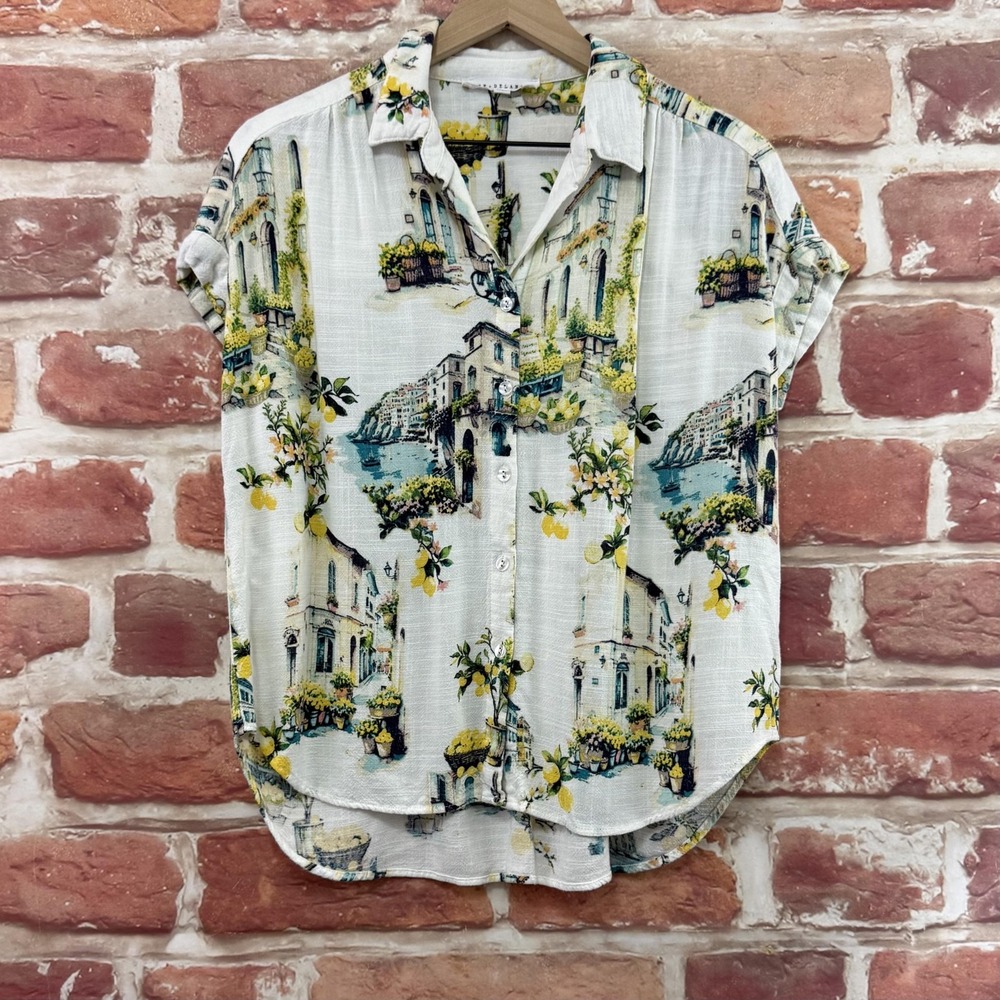Anthropologie Jane + Delancey Top Womens M Scenic Village Citrus Lemons Shirt